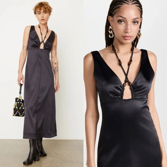 GANNI Satin Beaded Crisscross Halter Tie V-Neck Empire Waist Sleeveless Dress S - Picture 7 of 14